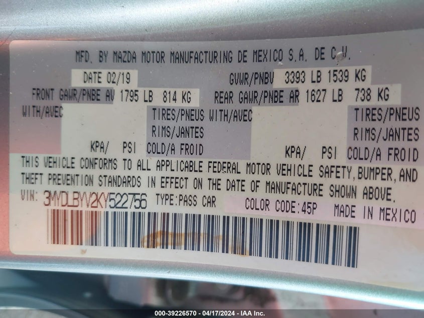 2019 TOYOTA YARIS L/LE/XLE - 3MYDLBYV2KY522756