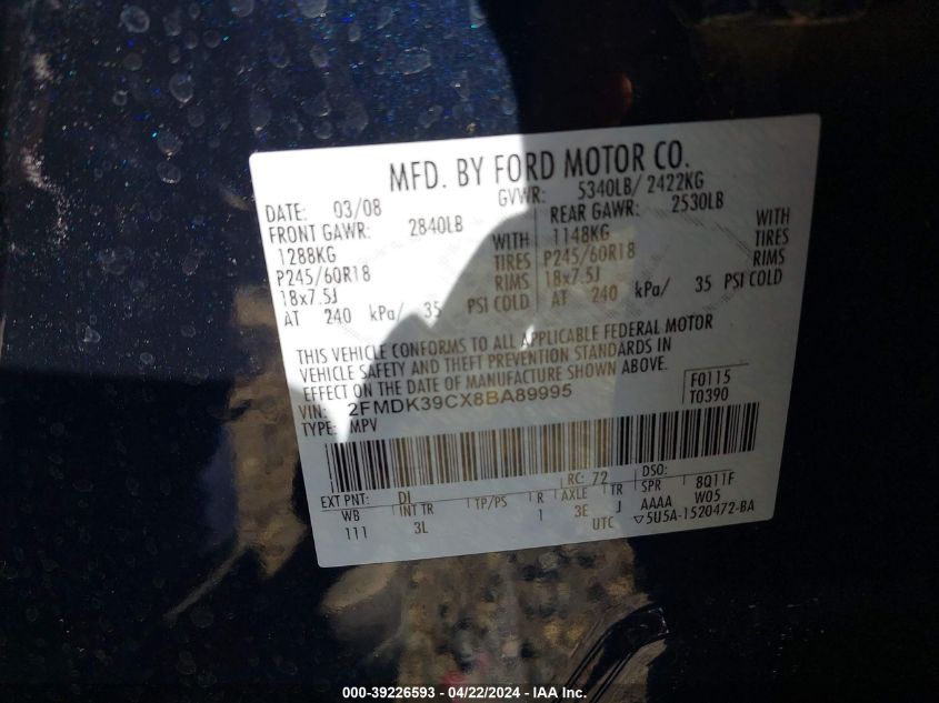 2008 Ford Edge Limited VIN: 2FMDK39CX8BA89995 Lot: 39226593