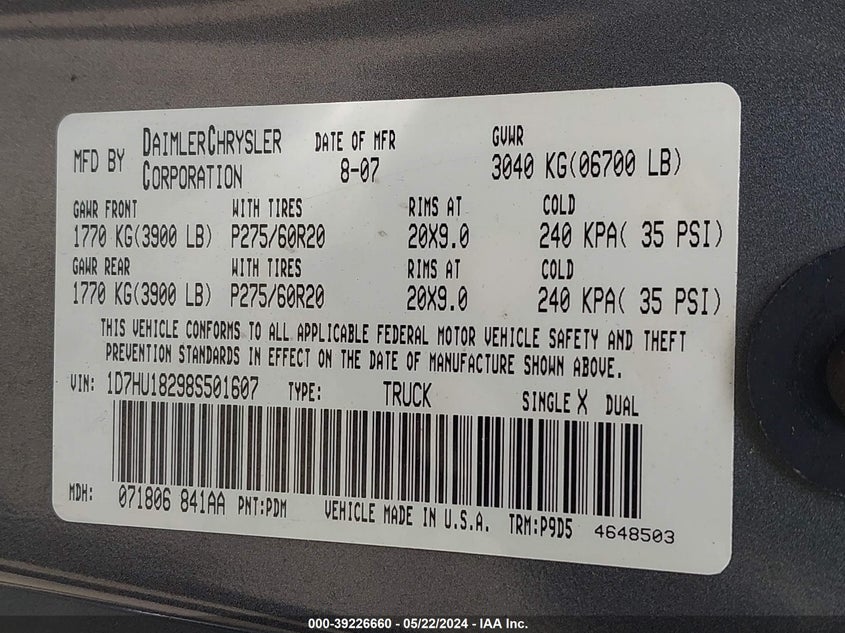 2008 Dodge Ram 1500 Slt VIN: 1D7HU18298S501607 Lot: 39226660