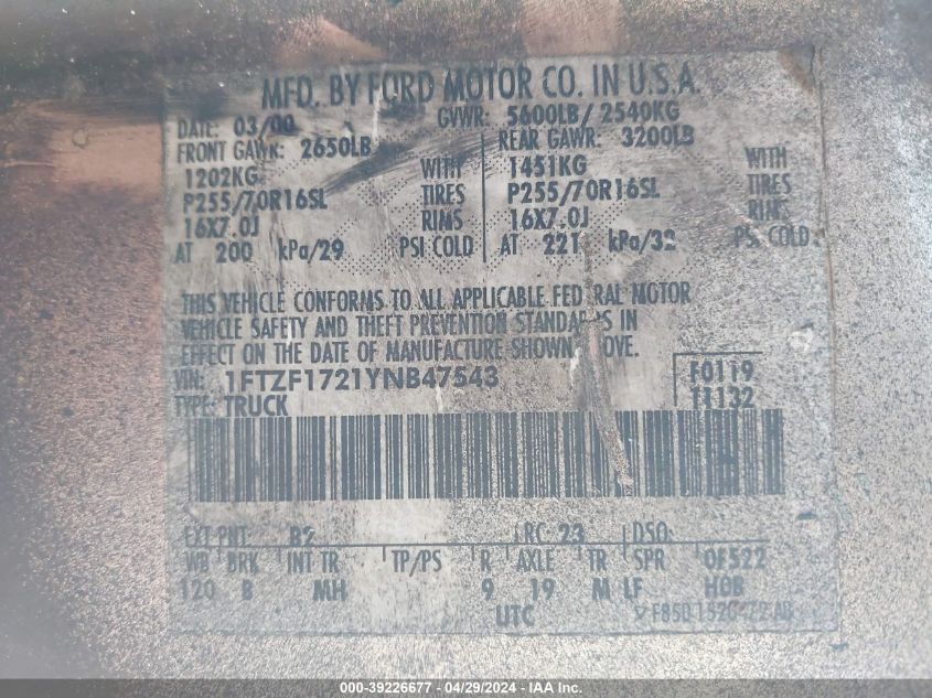 2000 Ford F-150 Work Series/Xl/Xlt VIN: 1FTZF1721YNB47543 Lot: 39226677