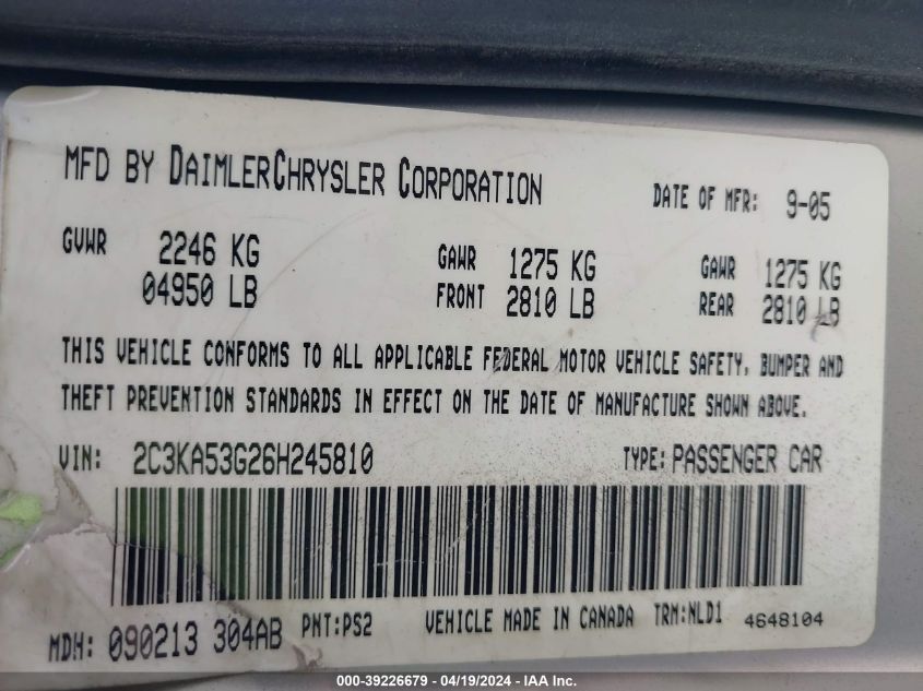 2006 Chrysler 300 Touring VIN: 2C3KA53G26H245810 Lot: 39226679