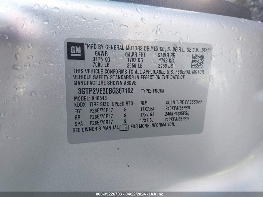 2011 GMC Sierra 1500 Sle VIN: 3GTP2VE30BG367102 Lot: 39226703