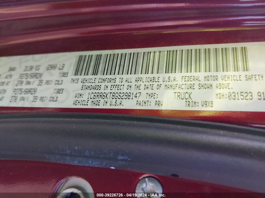 2016 Ram 1500 Express VIN: 1C6RR6KT8GS298147 Lot: 39226726