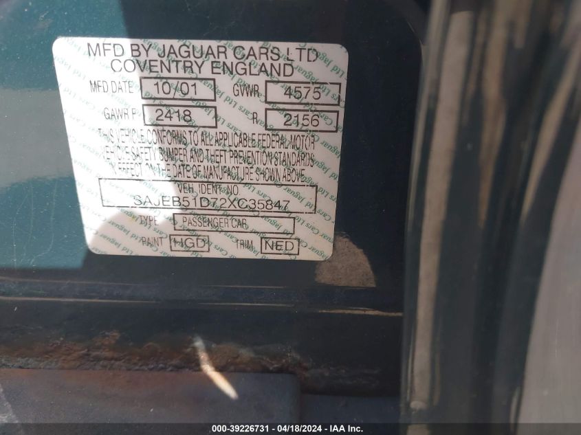 2002 Jaguar X-Type 2.5L VIN: SAJEB51D72XC35847 Lot: 39226731
