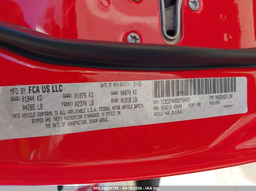 2016 Dodge Dart Se VIN: 1C3CDFAA9GD750497 Lot: 39226785