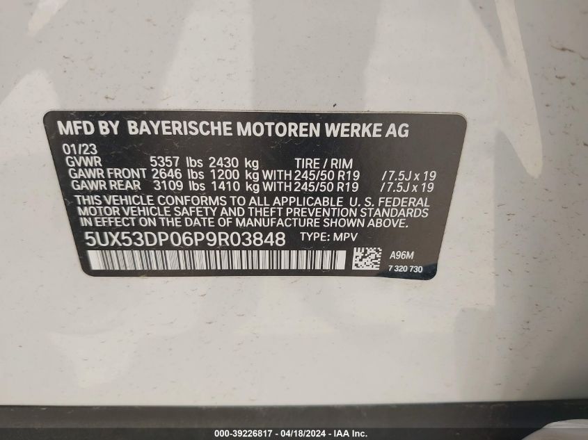 2023 BMW X3 xDrive30I VIN: 5UX53DP06P9R03848 Lot: 40777383