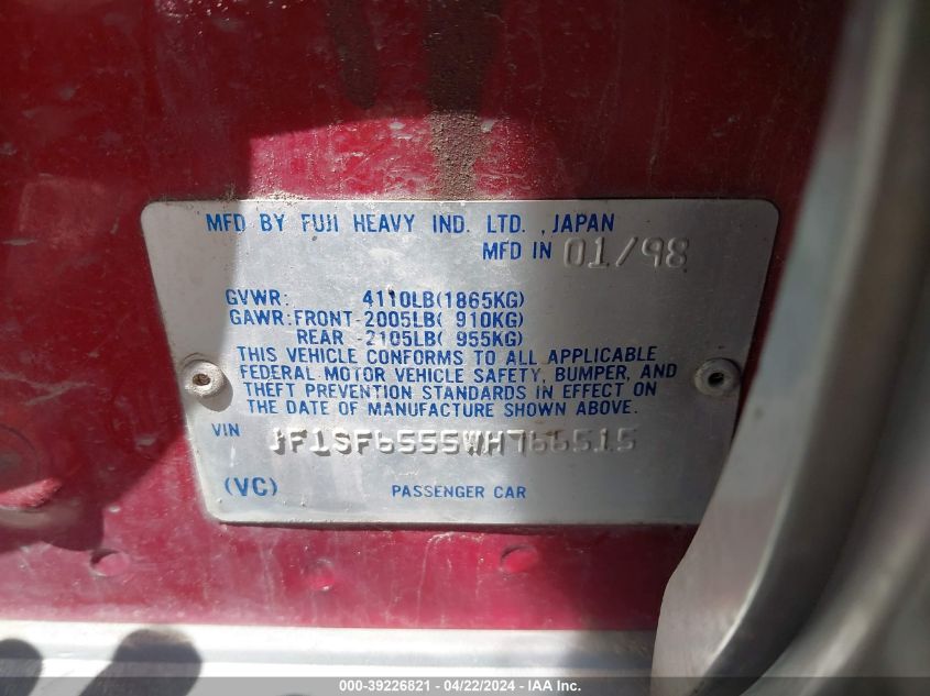 1998 Subaru Forester S VIN: JF1SF6555WH766515 Lot: 39226821