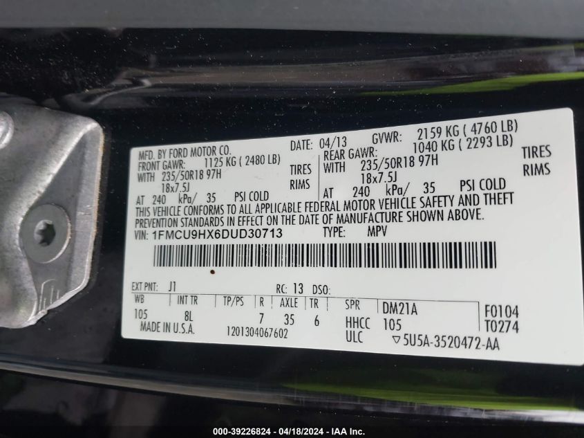 2013 Ford Escape Sel VIN: 1FMCU9HX6DUD30713 Lot: 39226824