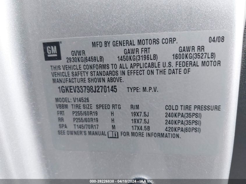 2008 GMC Acadia Slt-2 VIN: 1GKEV33798J270145 Lot: 39226838