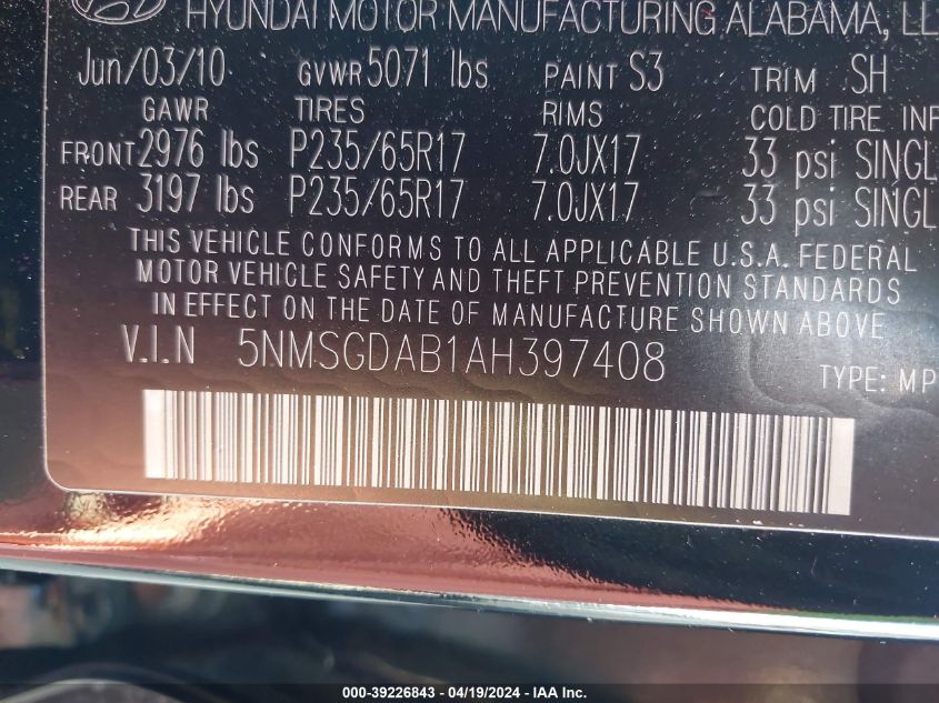 2010 Hyundai Santa Fe Gls VIN: 5NMSGDAB1AH397408 Lot: 39226843