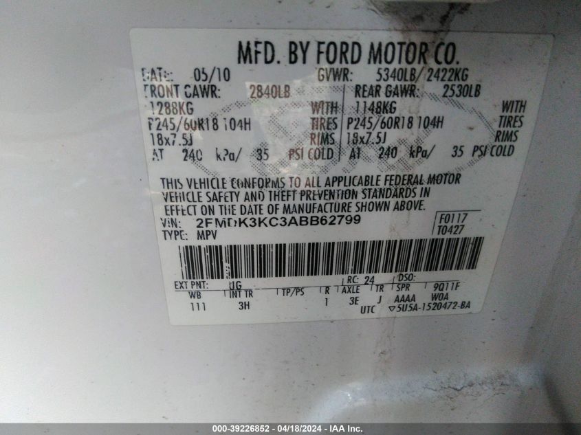 2010 Ford Edge Limited VIN: 2FMDK3KC3ABB62799 Lot: 39226852