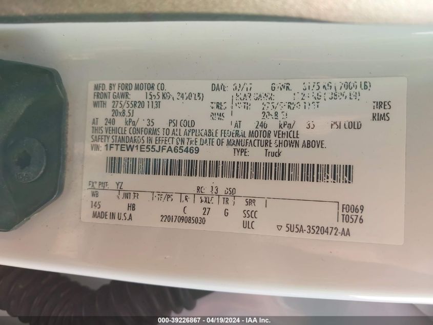 2018 Ford F-150 Lariat VIN: 1FTEW1E55JFA65469 Lot: 39226867