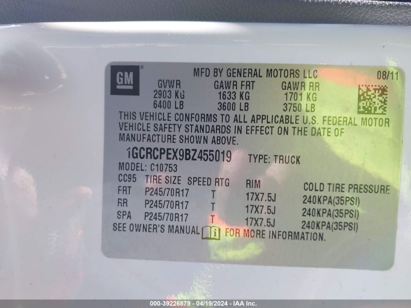 2011 Chevrolet Silverado 1500 Work Truck VIN: 1GCRCPEX9BZ455019 Lot: 39226879