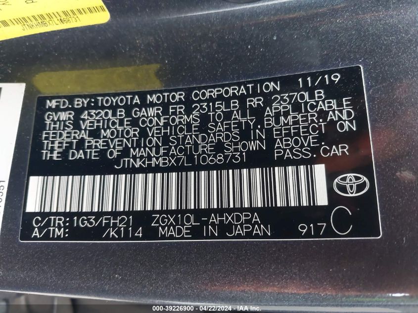 2020 Toyota C-Hr Le VIN: JTNKHMBX7L1068731 Lot: 39226900