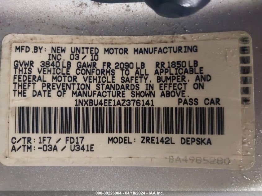 2010 Toyota Corolla S VIN: 1NXBU4EE1AZ376141 Lot: 39226904