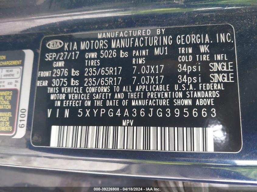 5XYPG4A36JG395663 2018 Kia Sorento 2.4L Lx