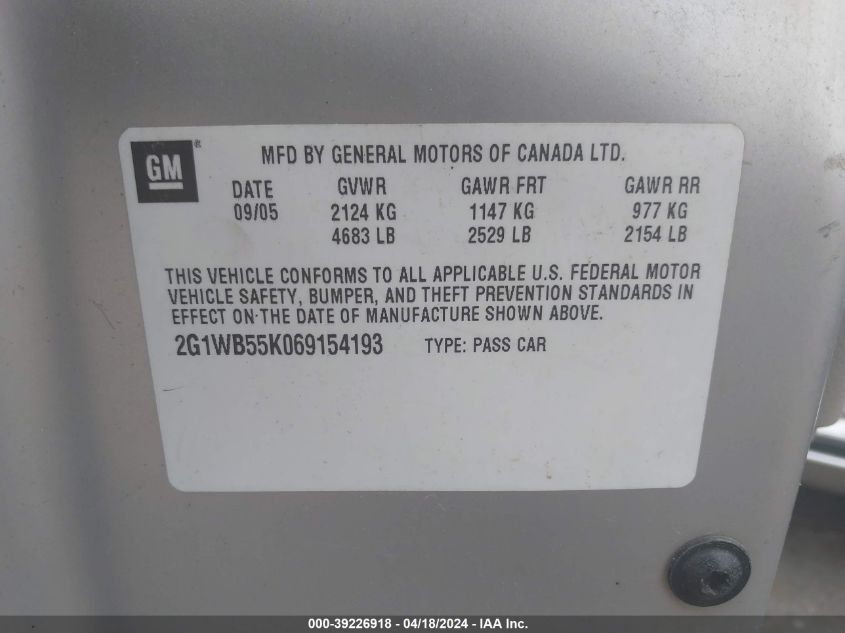 2006 Chevrolet Impala Ls VIN: 2G1WB55K069154193 Lot: 39226918