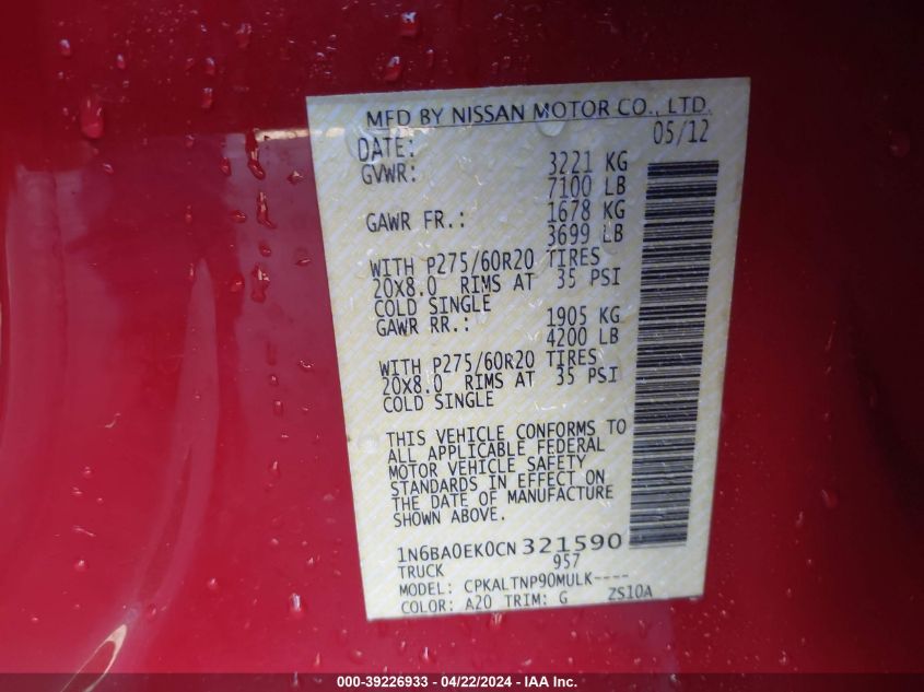 2012 Nissan Titan Sv VIN: 1N6BA0EK0CN321590 Lot: 39226933