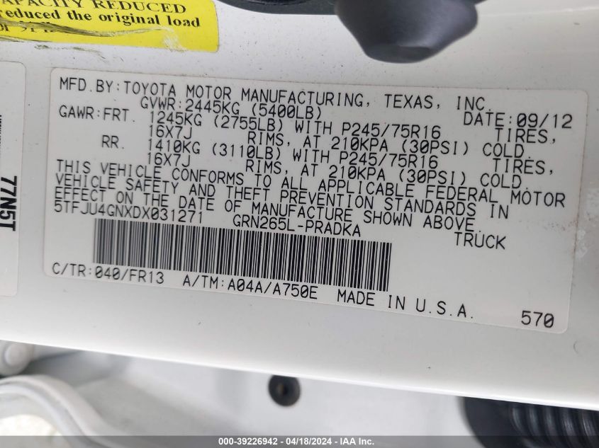 2013 Toyota Tacoma Prerunner V6 VIN: 5TFJU4GNXDX031271 Lot: 39226942