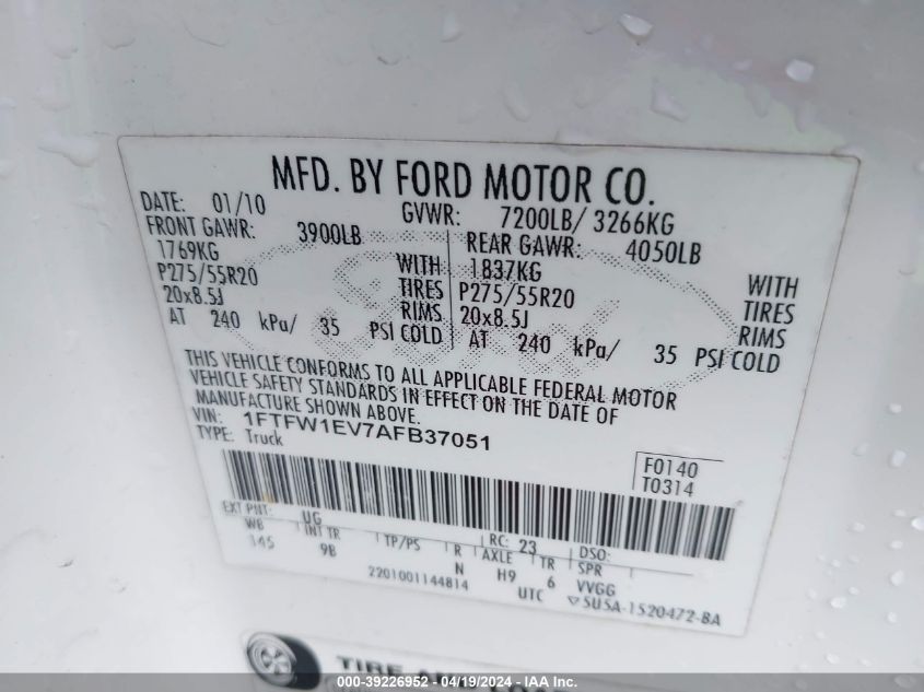 2010 Ford F-150 Fx4/Harley-Davidson/King Ranch/Lariat/Platinum/Xl/Xlt VIN: 1FTFW1EV7AFB37051 Lot: 39226952
