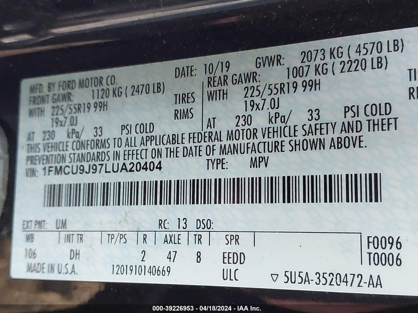 2020 Ford Escape Titanium VIN: 1FMCU9J97LUA20404 Lot: 39226953