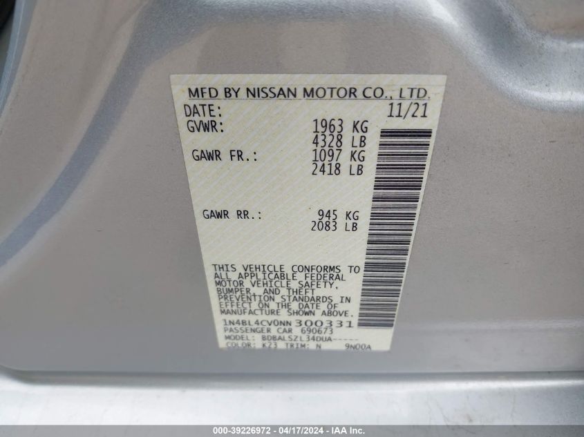 1N4BL4CV0NN300331 | 2022 NISSAN ALTIMA