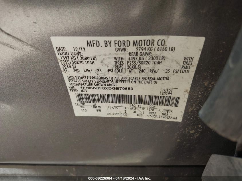 2013 Ford Explorer Limited VIN: 1FM5K8F8XDGB79653 Lot: 39226984