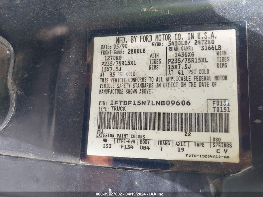 1990 Ford F150 VIN: 1FTDF15N7LNB09606 Lot: 39227002