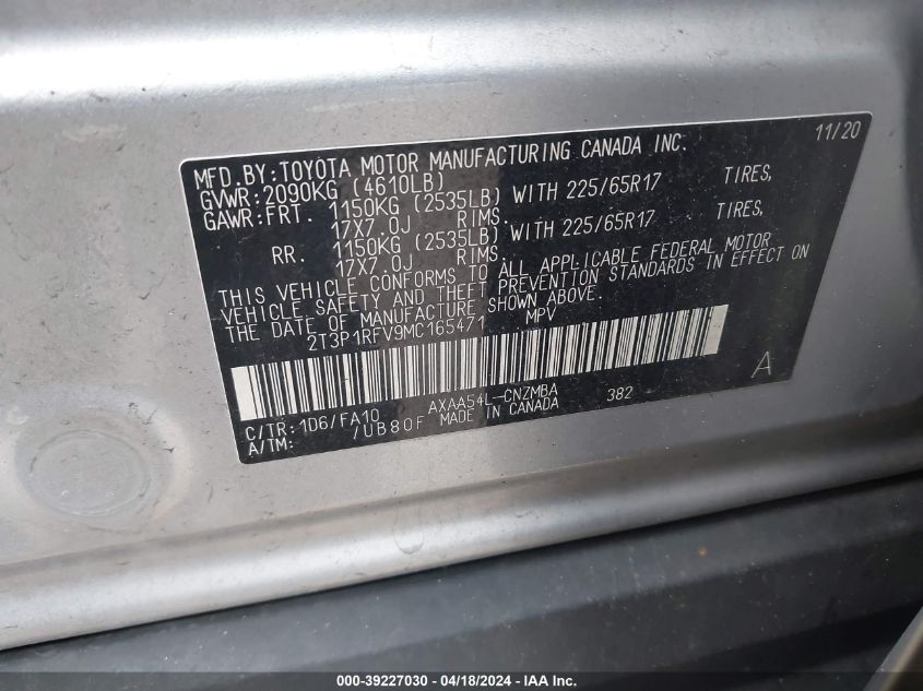 2021 Toyota Rav4 Xle VIN: 2T3P1RFV9MC165471 Lot: 39227030