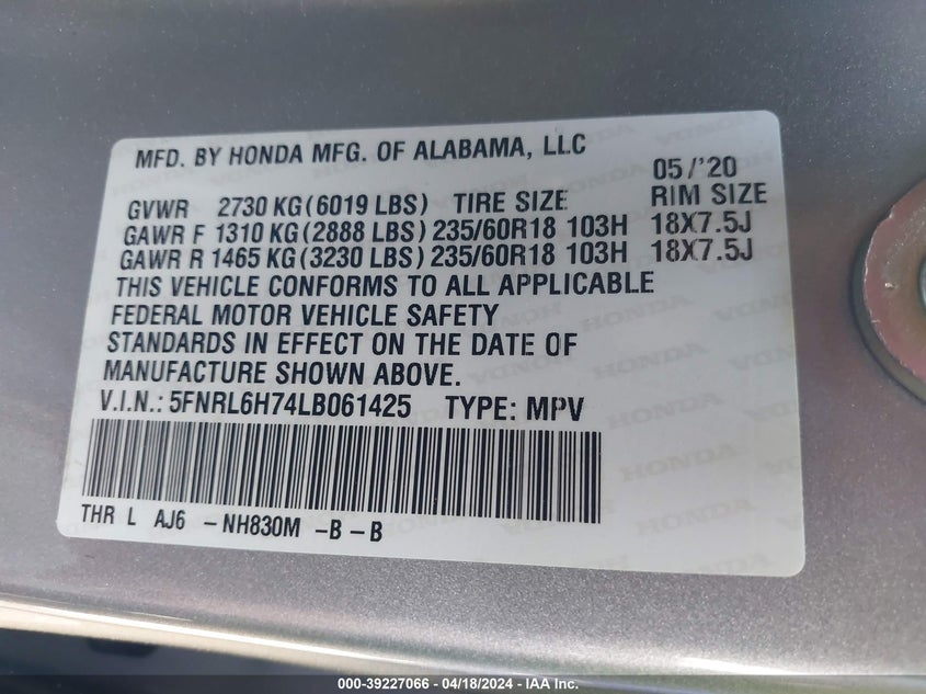 VIN 5FNRL6H74LB061425 2020 HONDA ODYSSEY EX-L/EX-L W/NAVI   RES