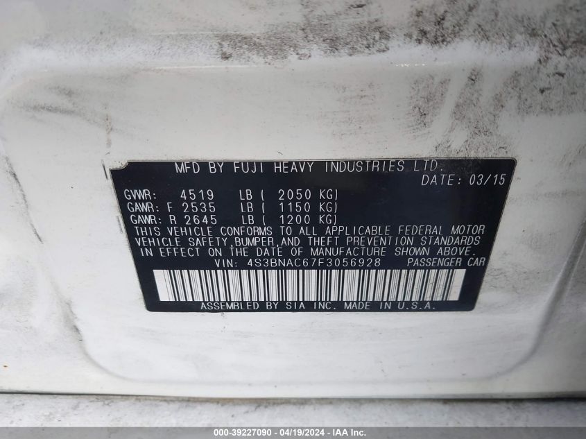 2015 Subaru Legacy 2.5I Premium VIN: 4S3BNAN6XG3025963 Lot: 39227090