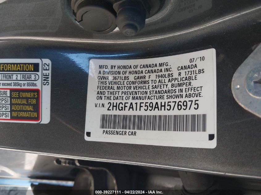 2010 Honda Civic Lx VIN: 2HGFA1F59AH576975 Lot: 39227111