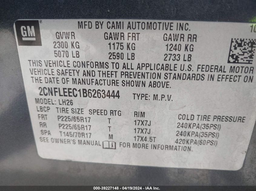 2011 Chevrolet Equinox 1Lt VIN: 2CNFLEEC1B6263444 Lot: 39227148