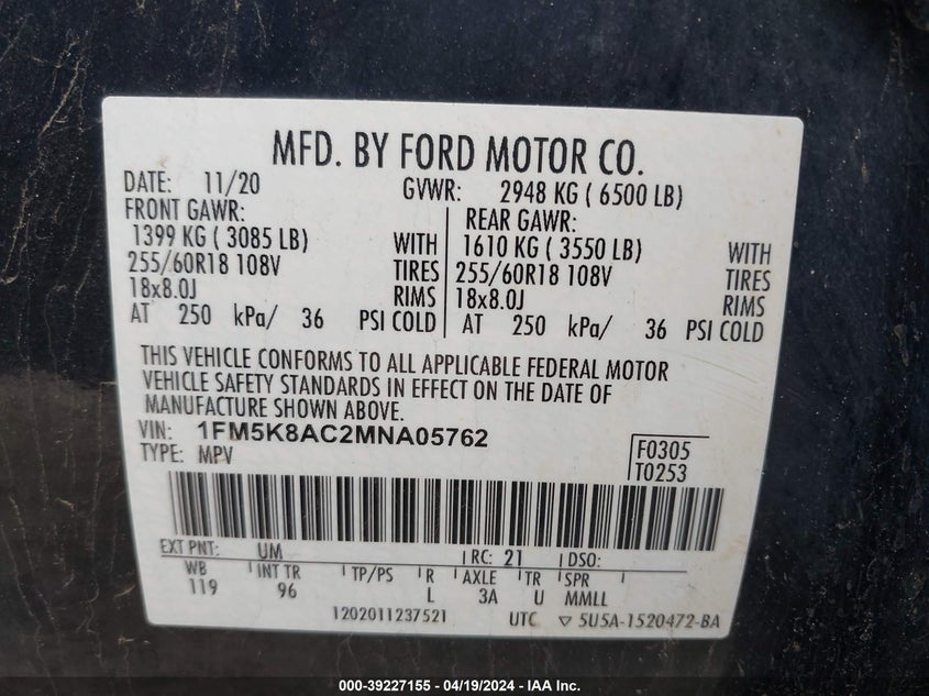 VIN 1FM5K8AC2MNA05762 2021 FORD POLICE INTERCEPTOR UTILITY