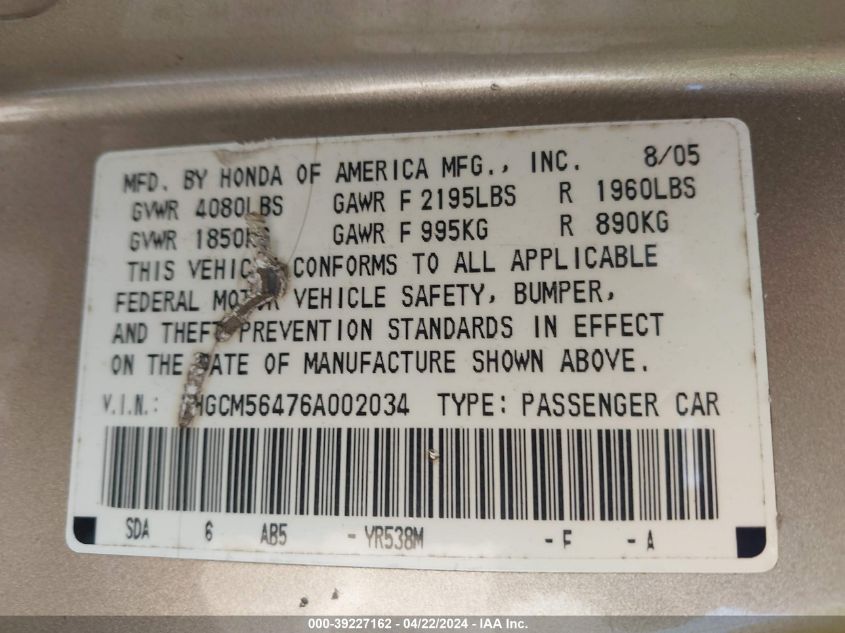 2006 Honda Accord 2.4 Lx VIN: 1HGCM56476A002034 Lot: 43273694