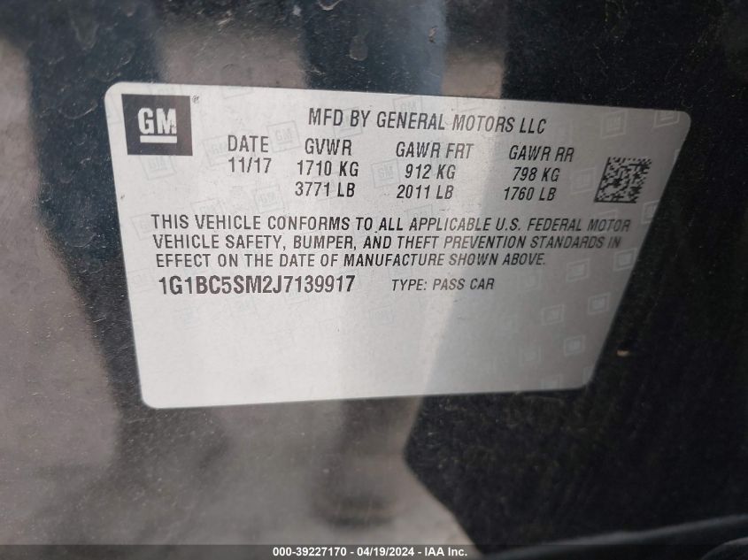 2018 Chevrolet Cruze Ls Auto VIN: 1G1BC5SM2J7139917 Lot: 39227170