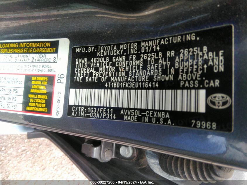 2014 Toyota Camry Hybrid Le VIN: 4T1BD1FK3EU116414 Lot: 39227200