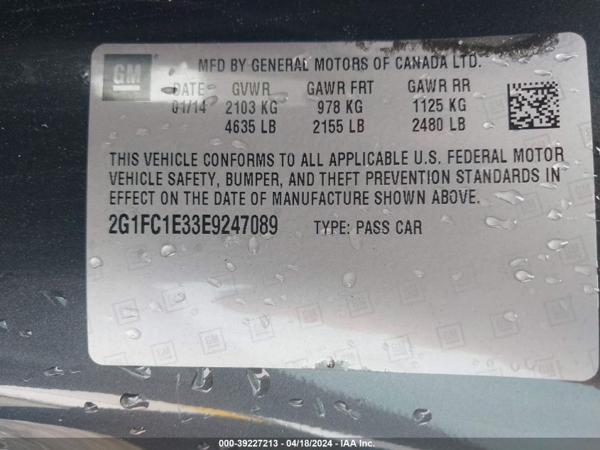2014 Chevrolet Camaro 2Lt VIN: 2G1FC1E33E9247089 Lot: 39227213