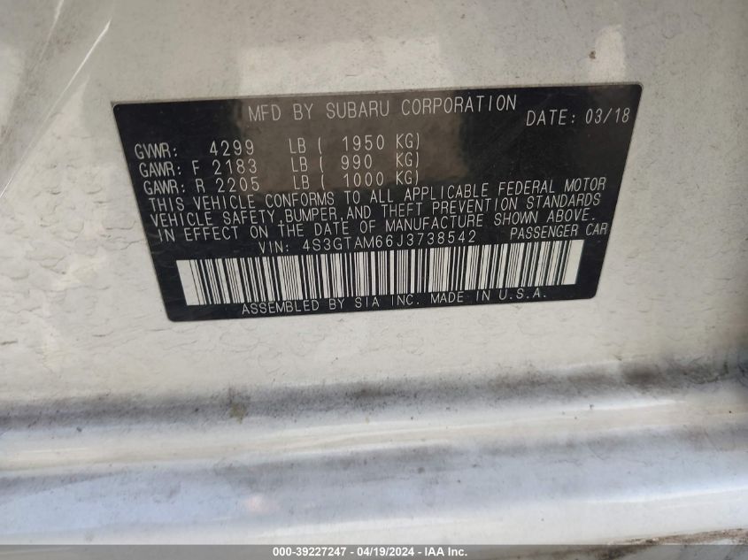 2018 Subaru Impreza 2.0I Sport VIN: 4S3GTAM66J3738542 Lot: 39227247