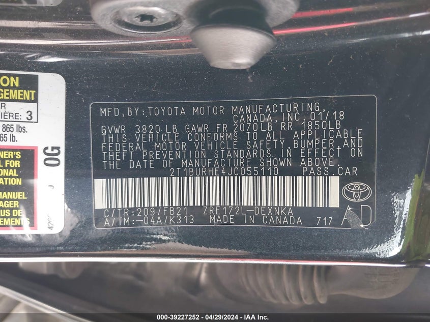 2018 TOYOTA COROLLA LE - 2T1BURHE4JC055110