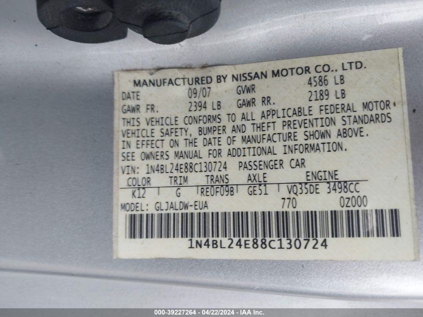 2008 Nissan Altima 3.5 Se VIN: 1N4BL24E88C130724 Lot: 39227264