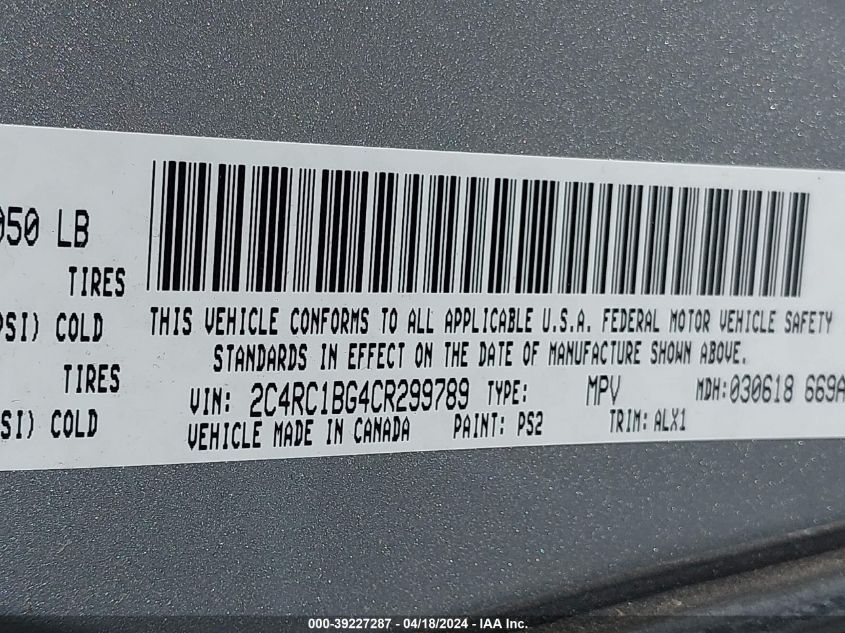 2012 Chrysler Town & Country Touring VIN: 2C4RC1BG4CR299789 Lot: 39227287