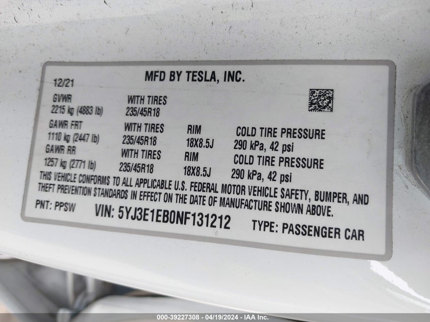 2022 TESLA MODEL 3 U   U(VIN: 5YJ3E1EB0NF131212