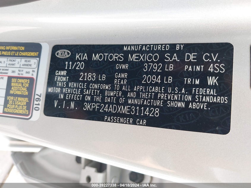 VIN 3KPF24ADXME311428 2021 KIA FORTE FE/LXS