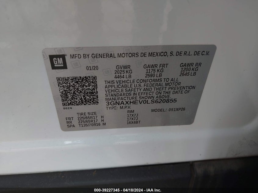 VIN 3GNAXHEV0LS620855 2020 CHEVROLET EQUINOX LS