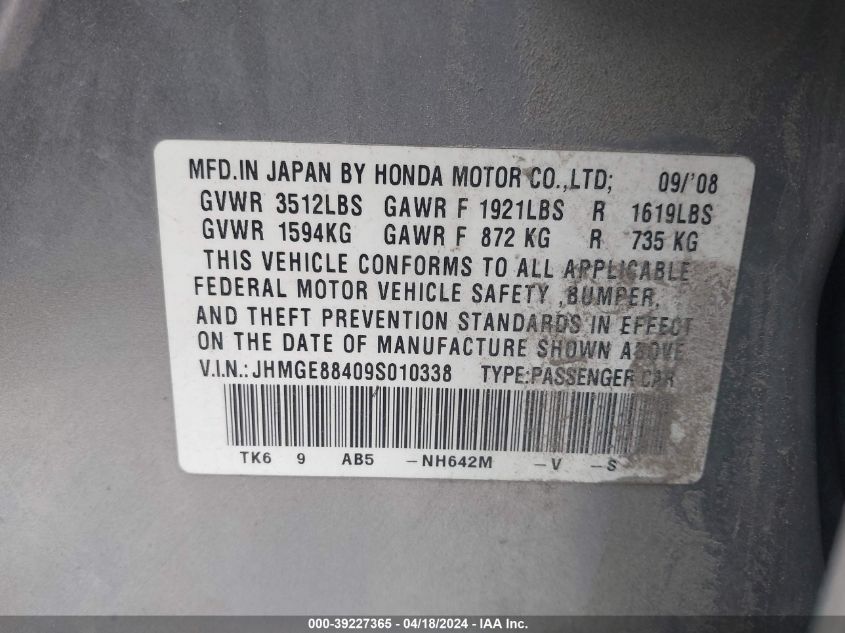 2009 Honda Fit Sport VIN: JHMGE88409S010338 Lot: 39227365