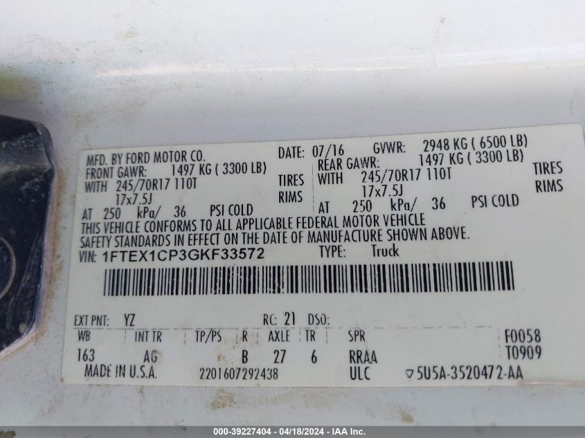 2016 Ford F-150 Xl VIN: 1FTEX1CP3GKF33572 Lot: 39227404