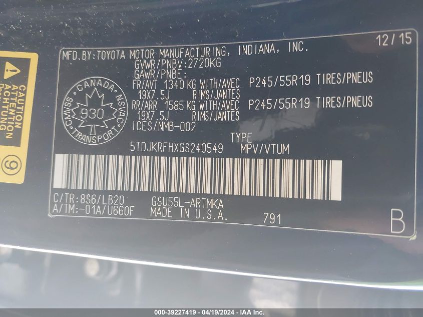 2016 Toyota Highlander Xle V6 VIN: 5TDJKRFHXGS240549 Lot: 39227419