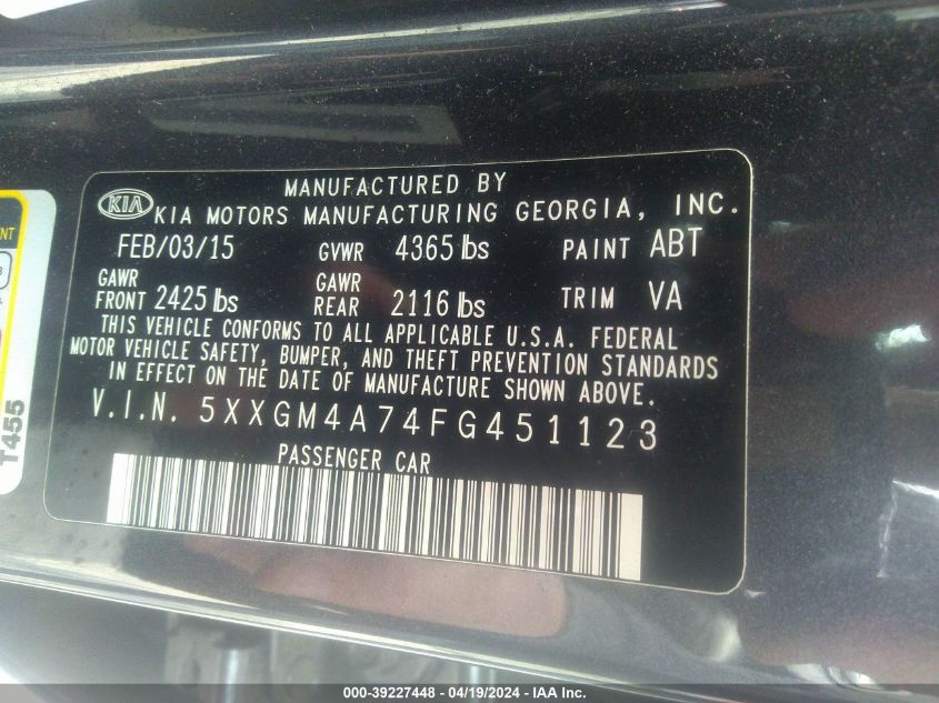 2015 Kia Optima Lx VIN: 5XXGM4A74FG451123 Lot: 39227448