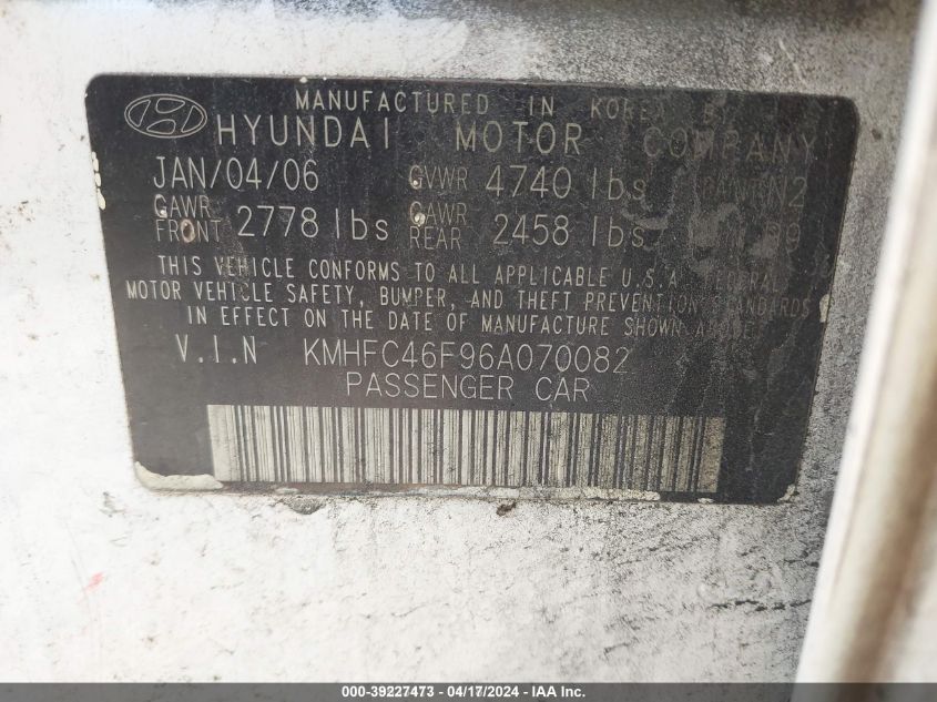 KMHFC46F96A070082 2006 Hyundai Azera Limited/Se